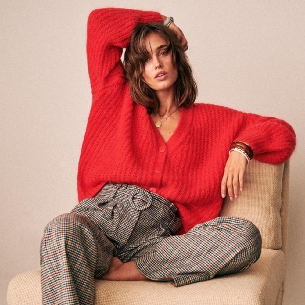 Sezane Achille Jumper in Red Wool Kid Mohair V Neck Cardigan - Picture 5 of 11
